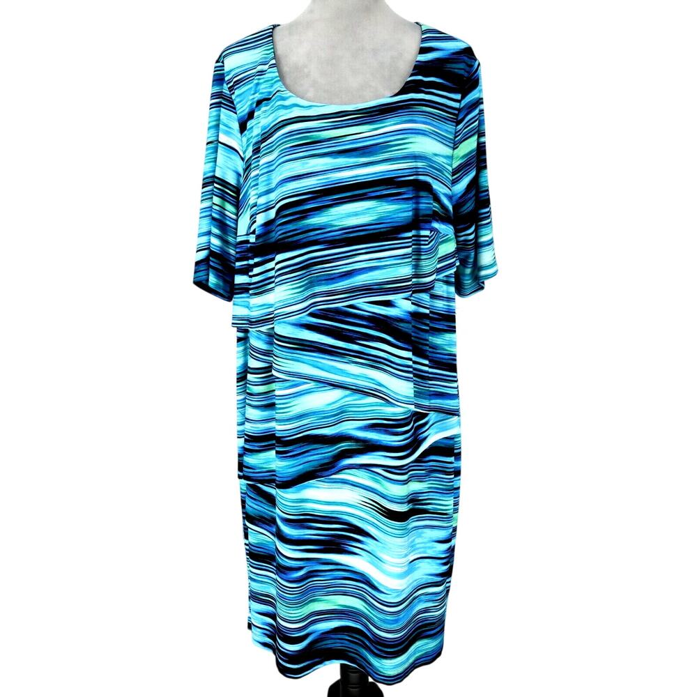 Connected Apparel Dress Plus Size 20W Blue Green Lined Stretch Knit Layered New
